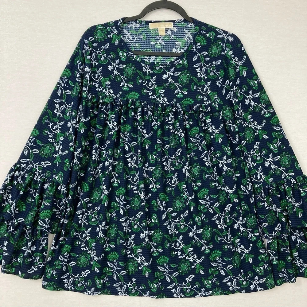 Michael Michael Kors Green Blue Round Neck Stretch Ruffle Sleeve‎ Blouse Large